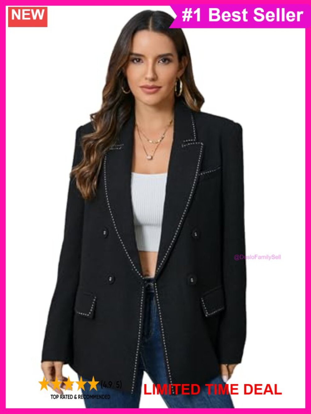 Oversized Double-Breasted Blazer Jacket Top Stitch Long Sleeve Work Office